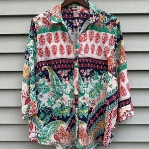 ❌SOLD❌Chicos 100% Linen Patchwork Paisley Floral Print Button Down‎ Shirt Size 4